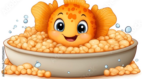 A clip art of a cartoon-style fish swimming in a wave pattern on a white background