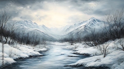 A Snowy Mountain Valley with a Serpentine River