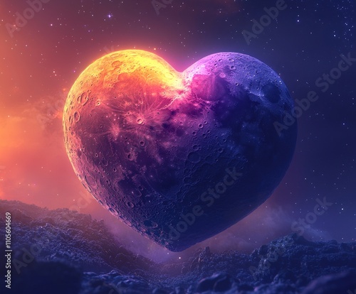 a moon heart shaped creating an eclipse pulsating rainbow energy, purple hue photo