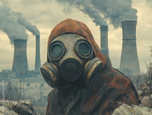 Man wearing a gas mask stands behind a mountain of polluted power plants photo