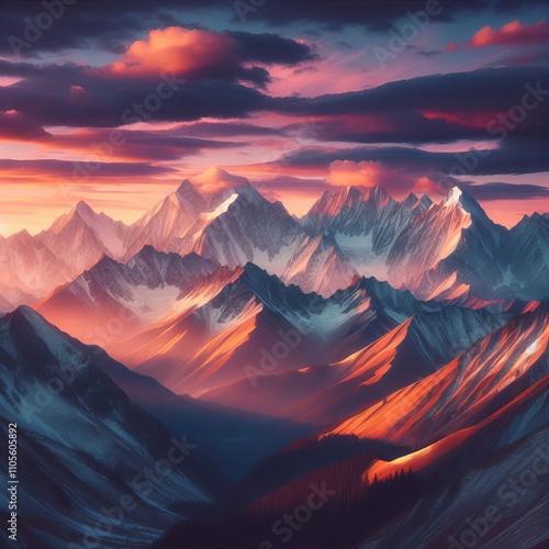 Mountain Range A dramatic scene of snow capped peaks at sunrise