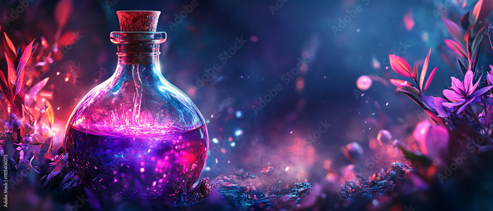 Enchanting Glowing Potion Bottle in Magical Fantasy Forest Enchanting Glowing Potion Bottle in Magical Fantasy Forest