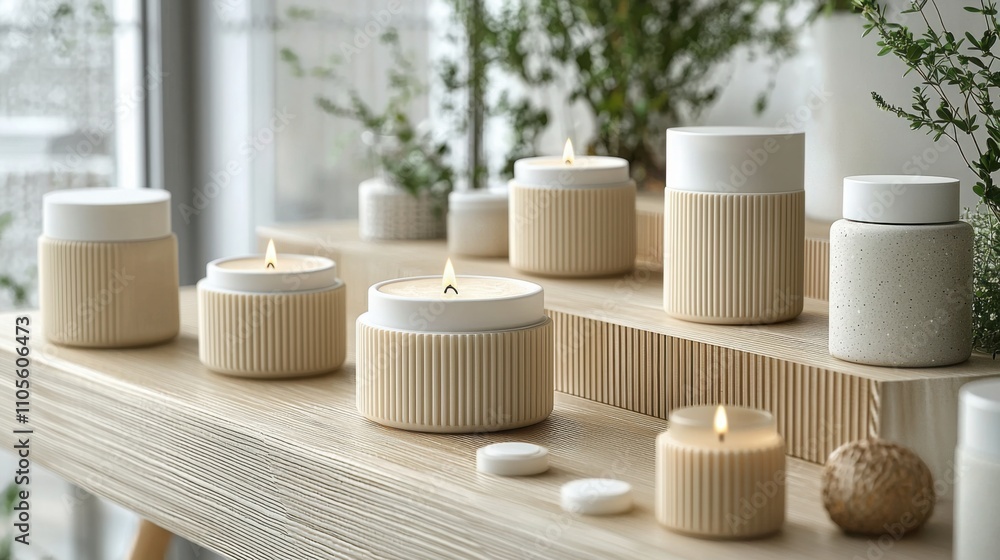 A serene display of modern candles in neutral tones arranged neatly on wooden shelves with warm lighting, showcasing a minimalist aesthetic. A serene display of modern candles in neutral tones arranged neatly on wooden shelves with warm lighting, showcasing a minimalist aesthetic.