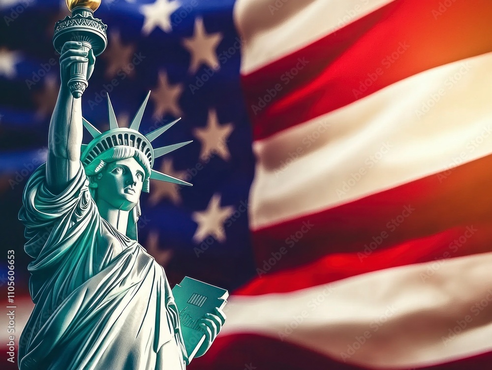 Obraz premium statue of liberty infront of an american flag