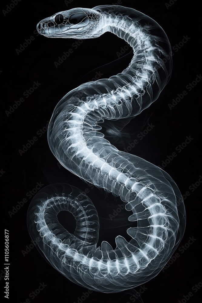 X-ray Image of a Snake Showing Bone Structure and Curved Body X-ray Image of a Snake Showing Bone Structure and Curved Body