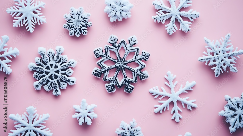 A Scattered Collection of White Snowflakes on Pink Background A Scattered Collection of White Snowflakes on Pink Background