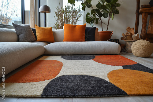 salon moderne avec tapis, motifs géométriques, tons gris et moutarde, texture douce, style minimaliste, mobilier, décoration, objet 3D réaliste, HDR, photographie immobilière, décoration, tendance