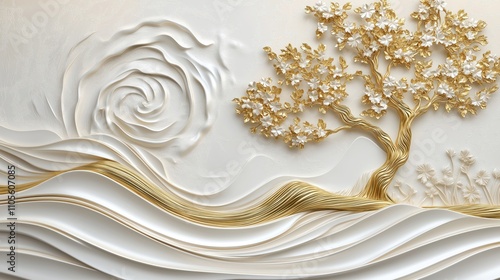 Elegant white, gold 3D mural wallpaper shows stylized gold tree with white flowers, flowing white waves. Design luxurious, artistic. Luxurious wall decor perfect for modern home. Beautiful decor