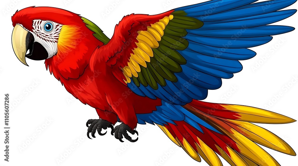 Obraz premium A clip art of a colorful parrot perched on a branch with tropical leaves on a white background