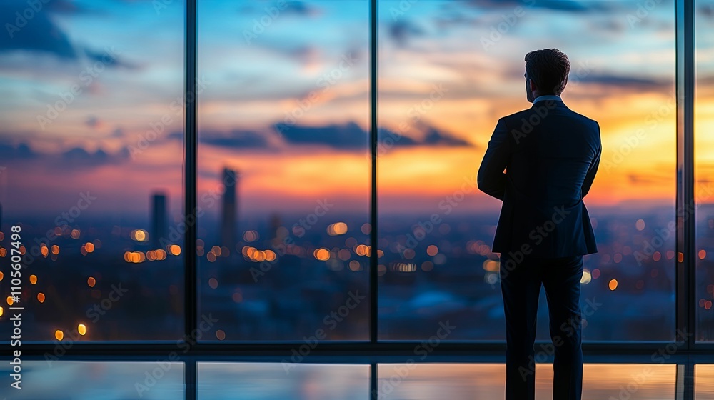 Man in Suit Contemplates City Sunset View Man in Suit Contemplates City Sunset View