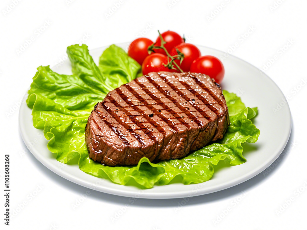 Grilled steak on a plate isolated on white background Grilled steak on a plate isolated on white background
