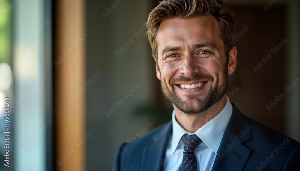 Close-up view of smiling businessman in dark suit, tie. Man looks directly at camera with positive expression. Business attire, confident posture. Professional corporate setting implied. Stylish, Close-up view of smiling businessman in dark suit, tie. Man looks directly at camera with positive expression. Business attire, confident posture. Professional corporate setting implied. Stylish,