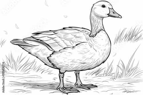 A cartoon goose awaits coloring in a grassy area for artists and kids