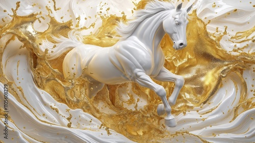 White horse statue moves dynamically in golden liquid splash. Abstract art captures fluidity, motion. Premium quality design for wallpaper or mural. Luxurious design concept. Elegant artistic piece. photo