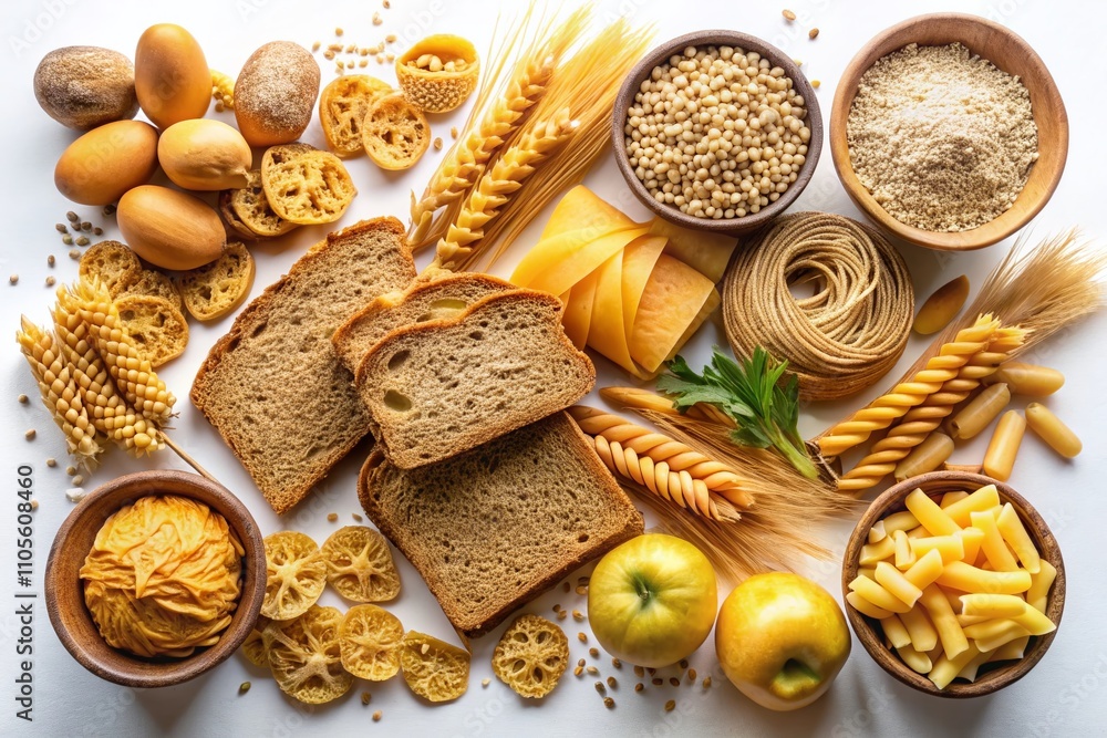 Aerial View of Complex Carbohydrates Including Whole Grain Bread, Pasta, Potatoes, and Granola on White Background with Rye Toast for Healthy Eating Concept Aerial View of Complex Carbohydrates Including Whole Grain Bread, Pasta, Potatoes, and Granola on White Background with Rye Toast for Healthy Eating Concept