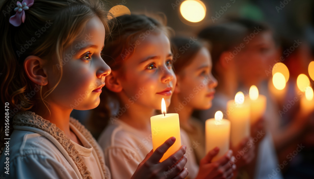 Children hold candles during religious Easter ceremony. Group participates in holy tradition. Focuses on faith, spirituality. Kids look thoughtful, concentrated. Warm interior setting, maybe church Children hold candles during religious Easter ceremony. Group participates in holy tradition. Focuses on faith, spirituality. Kids look thoughtful, concentrated. Warm interior setting, maybe church