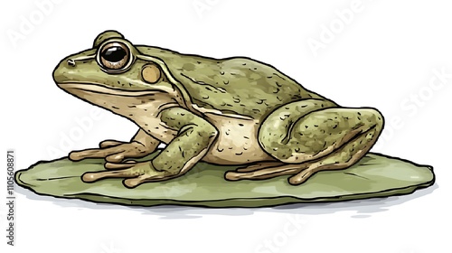 A clip art of a green frog sitting on a lily pad on a white background