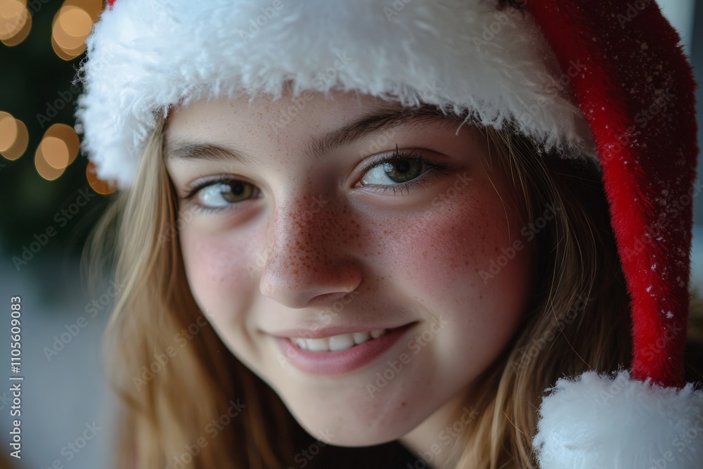 A smiling girl enjoys the holiday season, donning a Santa hat and exuding happiness and warmth in a charming festive setting that's captured beautifully in this picture. A smiling girl enjoys the holiday season, donning a Santa hat and exuding happiness and warmth in a charming festive setting that's captured beautifully in this picture.