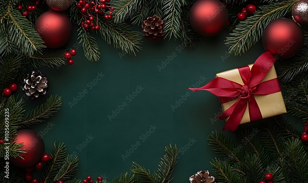Christmas themed background featuring ornaments, a gift box with a red ribbon, and pine branches for seasonal decorations Christmas themed background featuring ornaments, a gift box with a red ribbon, and pine branches for seasonal decorations