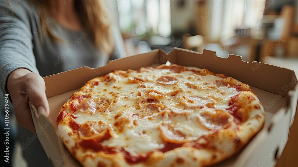 Woman hands over delicious pizza in a box Woman hands over delicious pizza in a box