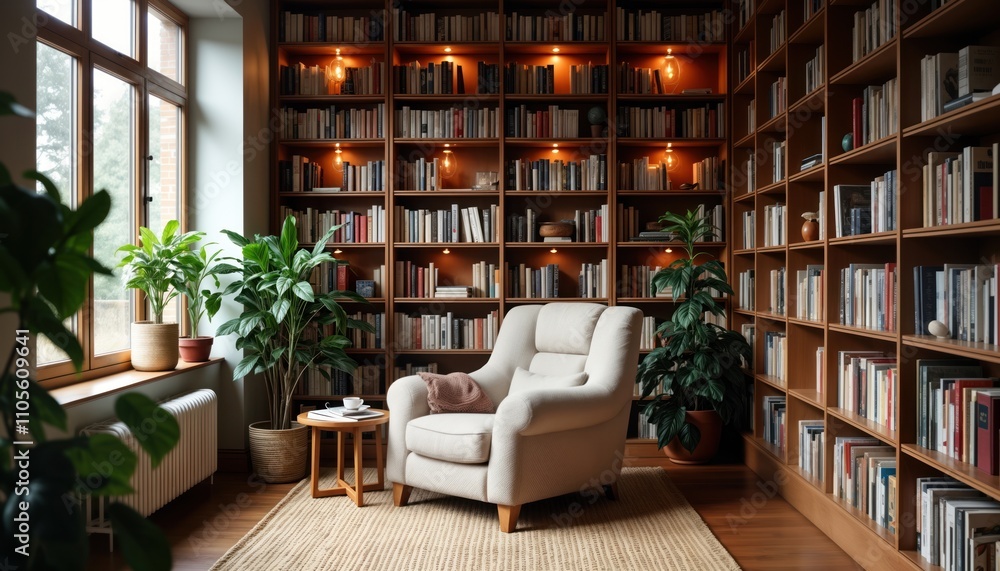 Cozy reading nook with floor to ceiling bookshelves filled with books. Plush oversized armchair invites relaxation. Soft knitted throw adds warmth. Peaceful, tranquil home interior design. Perfect Cozy reading nook with floor to ceiling bookshelves filled with books. Plush oversized armchair invites relaxation. Soft knitted throw adds warmth. Peaceful, tranquil home interior design. Perfect