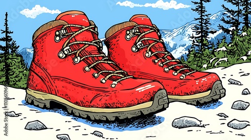 A clip art of a pair of hiking boots with laces tied on a white background photo