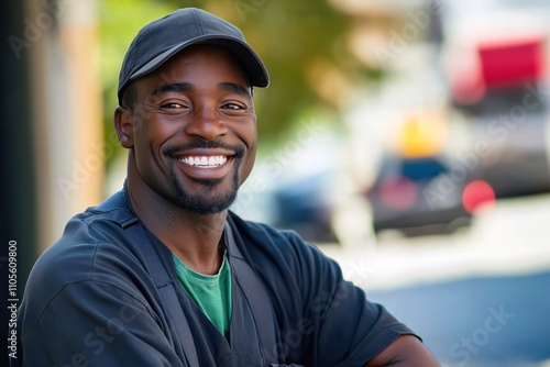 Happy black man sanitation worker outdoor portrait. Smiling worker in uniform. Positive image of essential worker. Community service. Urban setting. Everyday hero. Proud pro. Reliable worker.