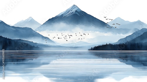 A clip art of a peaceful lake scene with ducks swimming on a white background photo