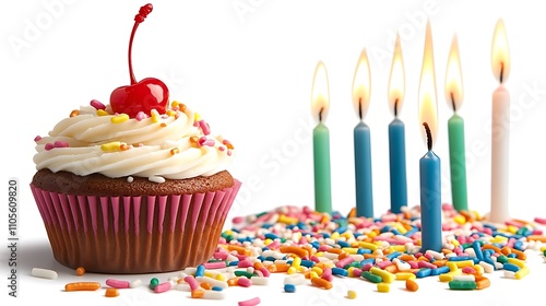 A clip art of a pink cupcake with sprinkles and a cherry on top on a white background