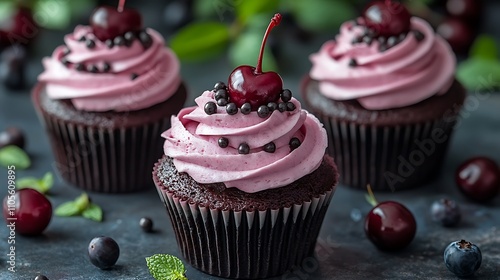 A clip art of a pink cupcake with sprinkles and a cherry on top on a white background