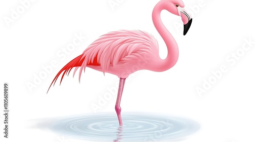 A clip art of a pink flamingo standing in water on a white background