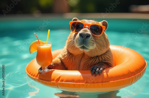 A capybara in sunglasses with an orange cocktail in its paw swims in a pool on an orange inflatable swimming ring