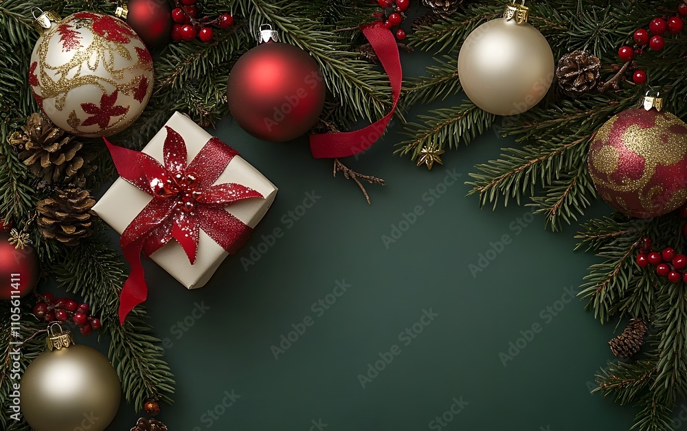 Christmas themed background featuring ornaments, a gift box with a red ribbon, and pine branches for seasonal decorations Christmas themed background featuring ornaments, a gift box with a red ribbon, and pine branches for seasonal decorations