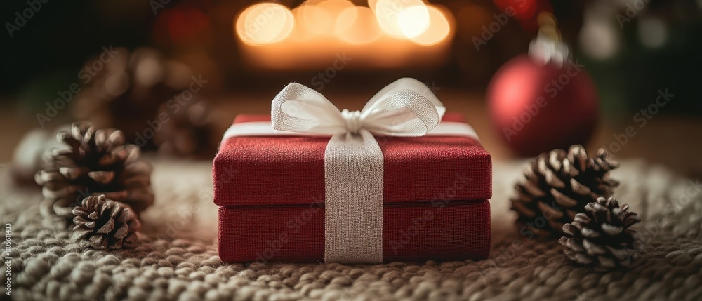 Wrapped red gift box tied with a white ribbon surrounded by pinecones on a beige surface close up festive holiday theme vibrant overlay cozy living room backdrop Wrapped red gift box tied with a white ribbon surrounded by pinecones on a beige surface close up festive holiday theme vibrant overlay cozy living room backdrop
