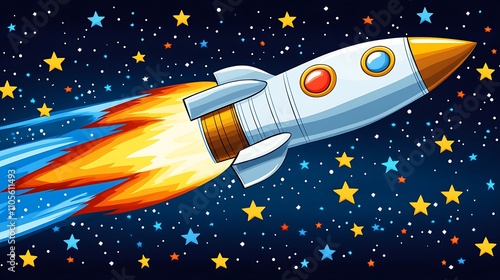 Fototapeta Naklejka Na Ścianę i Meble -  A clip art of a rocket ship flying through space surrounded by stars on a white background