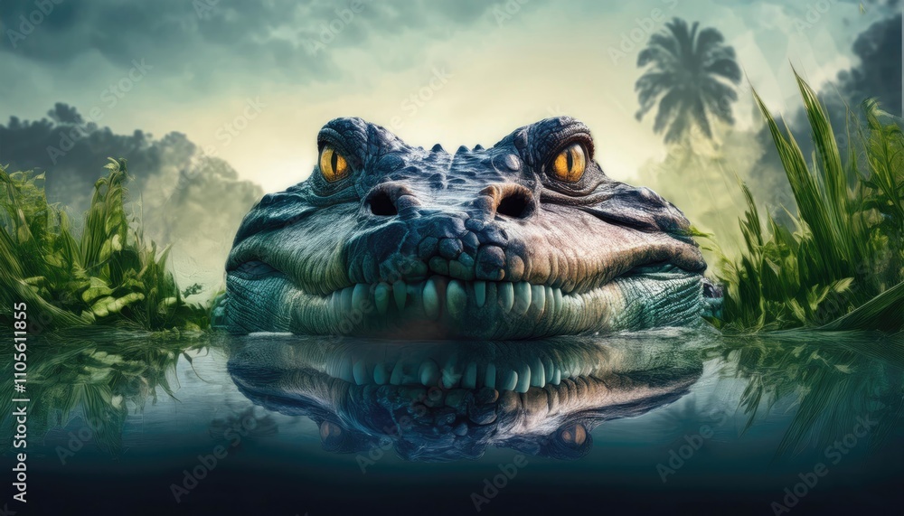 Fototapeta premium A crocodile partially submerged in water, gazing directly at the viewer in a jungle environment.