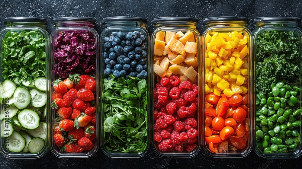 A vibrant display of fresh vegetables and fruits arranged in jars, showcasing a variety of colors and textures. Perfect for healthy meals. A vibrant display of fresh vegetables and fruits arranged in jars, showcasing a variety of colors and textures. Perfect for healthy meals.
