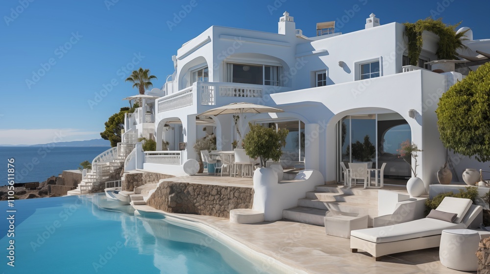 Obraz premium A beautiful white villa against a clear blue sky, showcasing traditional Mediterranean architectural elements with charming details.