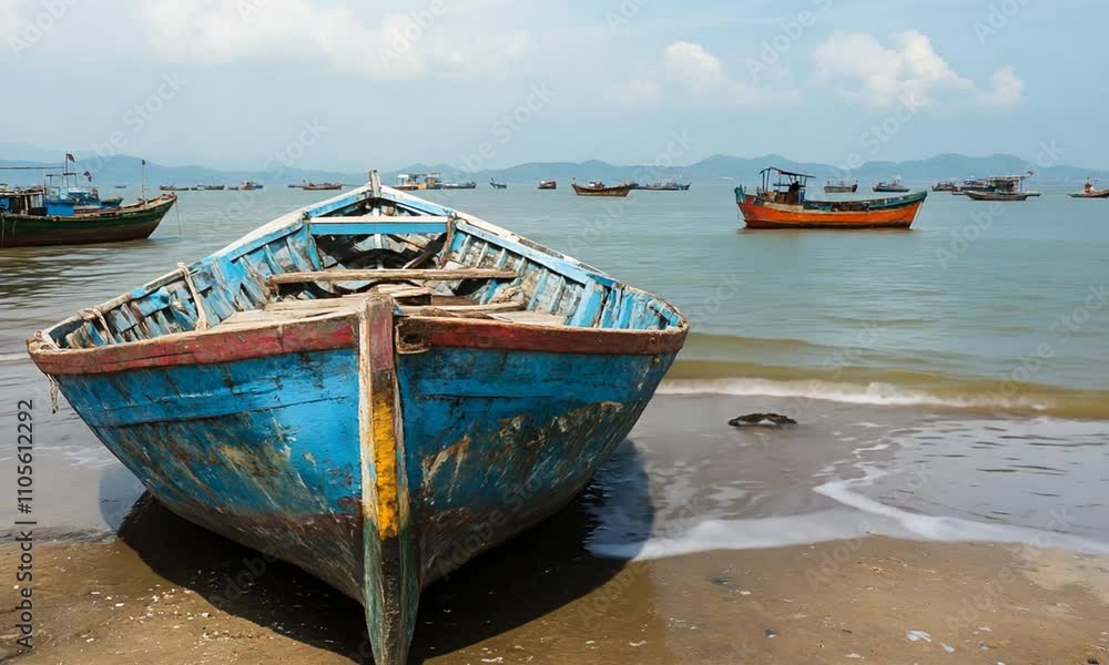 Rustic Blue Fishing Boat on Tranquil Beach with Boats in the Horizon : Generative AI Rustic Blue Fishing Boat on Tranquil Beach with Boats in the Horizon : Generative AI