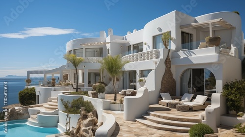 Fototapeta Naklejka Na Ścianę i Meble -  Traditional Mediterranean villa perched under a brilliant blue sky. Stunning architecture that exudes charm and timeless elegance.