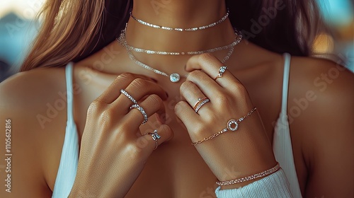 Woman displays elegant diamond jewelry necklaces and rings
