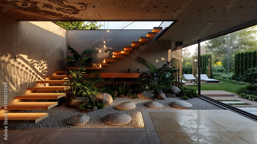 Fototapeta premium Modern villa charm: beautiful stairs with a cozy and inviting villa atmosphere