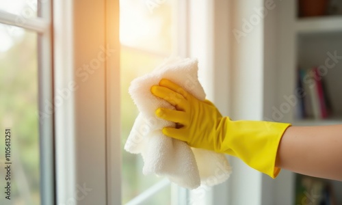 Woman in yellow rubber glove wipes the window with white cloth. Action takes place in room photo