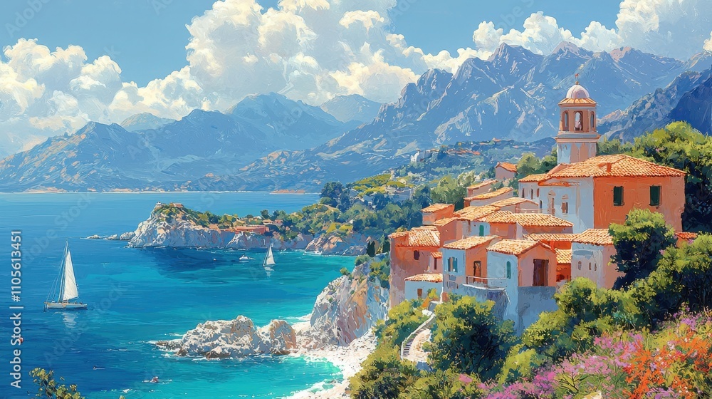 Fototapeta premium A vibrant coastal landscape showcasing small colorful houses along the shoreline with mountains in the background and a sailboat on the sea.
