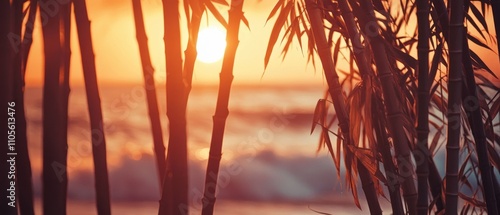 Silhouette of bamboo near the beach warm orange and pink colors at sunset background wallpaper AI generated image