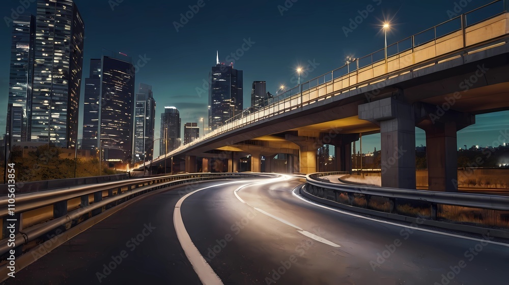 Highway overpass motion blur with city background Highway overpass motion blur with city background