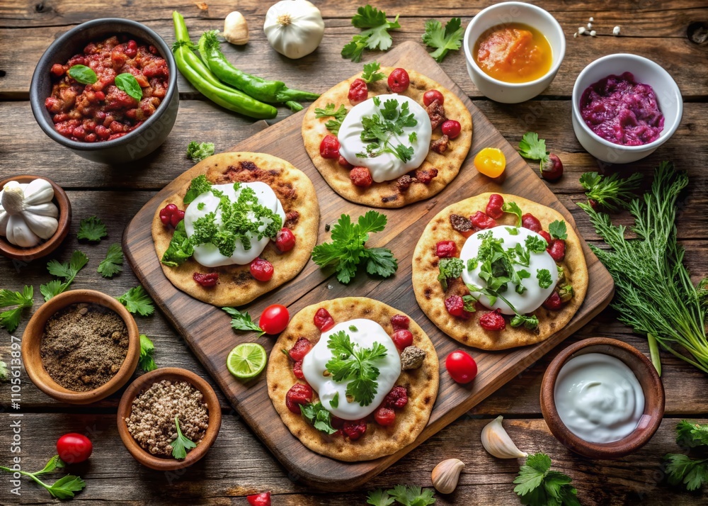 Aerial View of Flatbreads with Ground Lamb, Creamy Yogurt, and Fresh Herbs Perfectly Arranged for a Delicious Culinary Experience Aerial View of Flatbreads with Ground Lamb, Creamy Yogurt, and Fresh Herbs Perfectly Arranged for a Delicious Culinary Experience