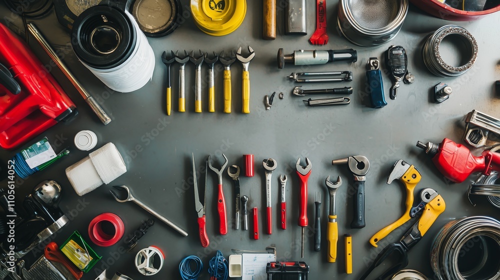 Top Down View of Various Tools and Materials on a Flat Surface Top Down View of Various Tools and Materials on a Flat Surface