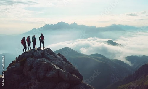 Adventurous Hikers Conquer Mountain Peak Under Majestic CloudCovered Sky : Generative AI