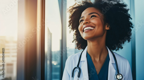 Medicine empowers change, as a joyful healthcare professional gazes confidently toward a brighter future, embodying resilience in a bustling hospital setting.